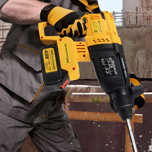 TriThardware Cordless Electric Hammer Drill, 48V High Power, With 17 Pieces Accessories Bit Set, for Metal Concrete & Wood Drilling, With Two Lithium Batteries-Yellow Color